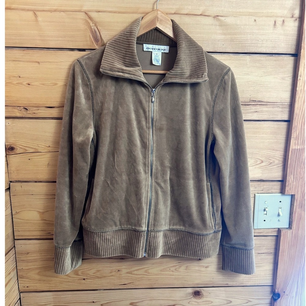 Jones New York‎ Sport Mens Brown Velour Full Zip Ribbed Mock Neck Jacket M